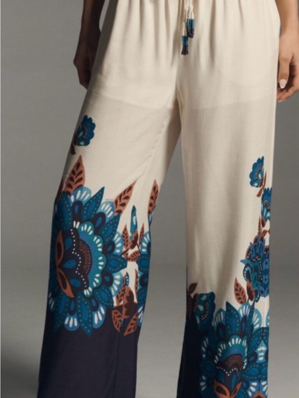 FARM Rio Cream Wide-Leg Pants with Teal and Brown Floral Border
